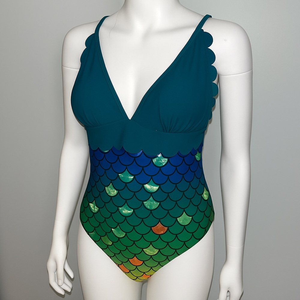 Rosegal Blue and Green One Piece Swimsuit with V-Neck